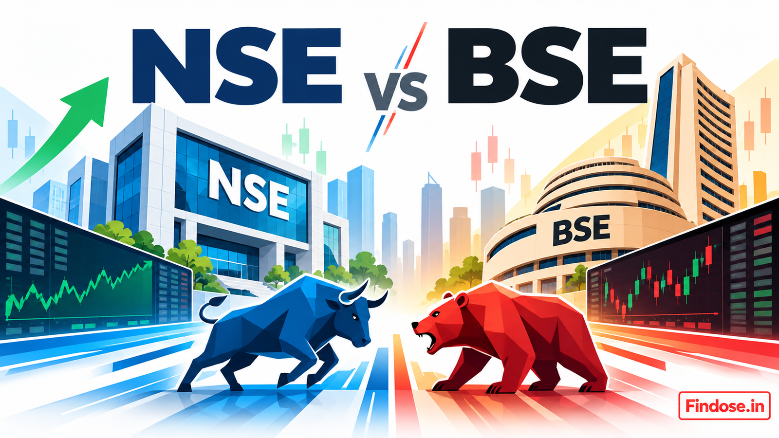 NSE vs BSE difference 2026 infographic in Hindi – NSE और BSE में क्या फर्क है, market share, charges और liquidity की तुलना
