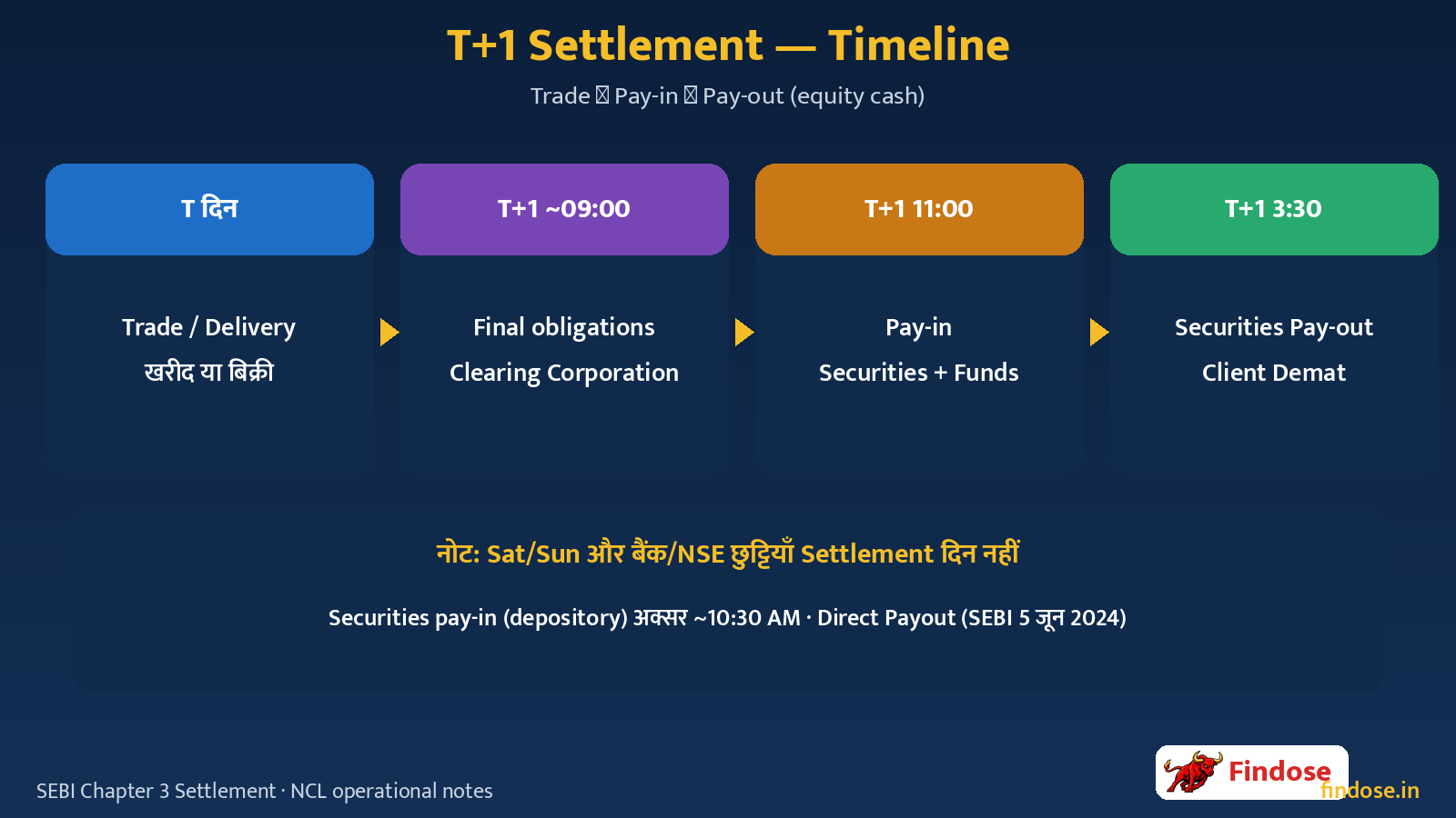 T+1 Settlement timeline Trade day pay-in 11 AM securities pay-out 3:30 PM Hindi infographic